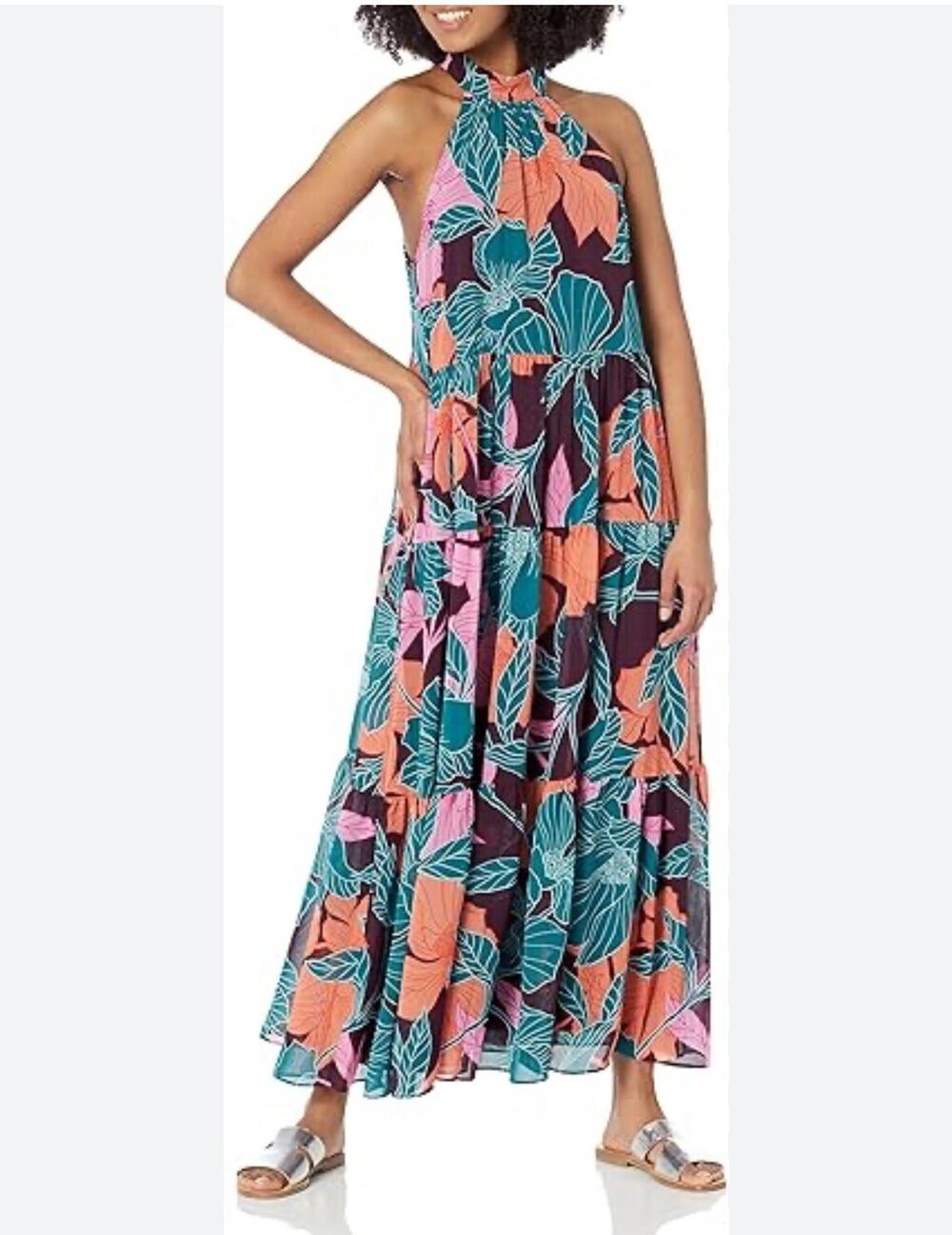 Trina Turk Sunglasses Maxi Dress Green Purple Tiered Sleeveless Halter Sz Small